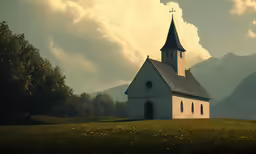 the lone church stands out among the hills