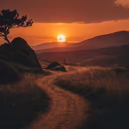 the sun rising over a mountain on a path