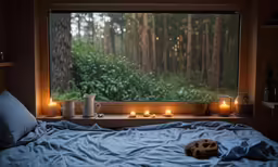 the room has candles in front of the window