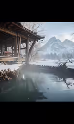 the exterior of a cabin in a snow covered mountain