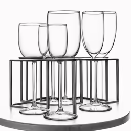 seven wine glasses sitting on a stand with silver bars