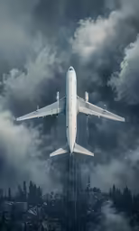 the large airplane is flying high up in the air