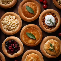 various desserts on wooden table topped with whipped cream