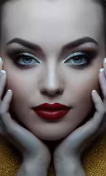 the woman is wearing red lipstick and long lashes