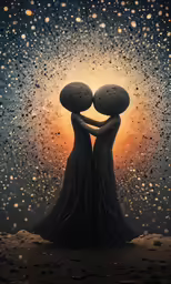 two statues hug each other, under an umbrella in a rain storm