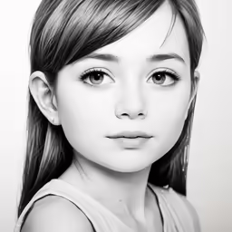 a girl with big eyes is in a black and white photo