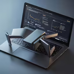 a laptop with three gold models on the keyboard
