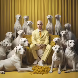 man in golden suit with his arms crossed sitting in front of hundreds of white dogs