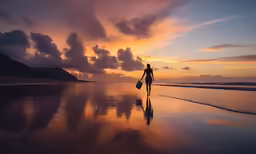 a man walking along the beach holding a surfboard