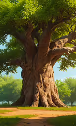 a huge tree in the middle of a field,there is a large tree with lots of green leaves