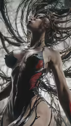 a girl with no clothes standing in the woods