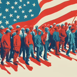 a group of men stand in front of an american flag
