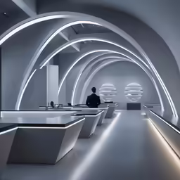 an abstract office is shown in white with light streams on the ceiling