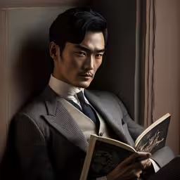 a man in a suit is holding a book,asian man in suit and white tie reading a book