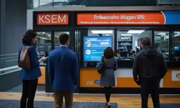 people stand in front of a store called keem
