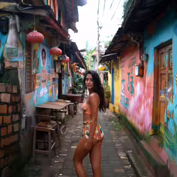 the woman in the colorful swimsuit is standing outside a building,a beautiful young woman wearing a swimsuit standing in an alley