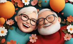 two people in colorful flowers and blue, red, orange and pink