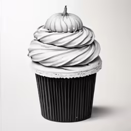 a cupcake with white icing and a pumpkin on top