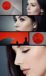 four different photographs of a woman in black hair and a red background