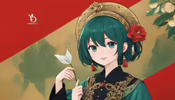 an anime style woman holding a flower with a red rose in her hand