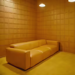 the couch is in a small room with a ceiling fan