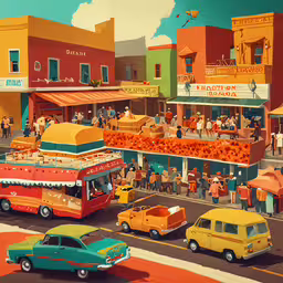 an artistic, multi - colored poster depicts a town with fruit stands and cars,an old time food and drink ad with cars and people in the city