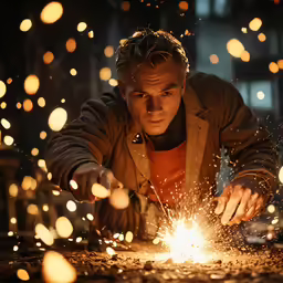 a man working on an item with a spark