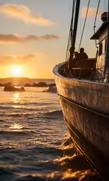 two people sitting on the bow of a boat in the water at sunset