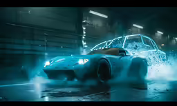 a car in a garage with blue dust coming out