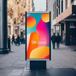 a billboard on a street with people walking around