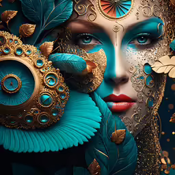 the portrait of a woman has gold, blue and green jewelry on her face