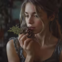 a woman holding up some flowers and a leaf