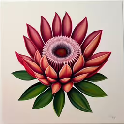 a flower painted on a white canvas with green leaves,a painting of a flower on a white wall