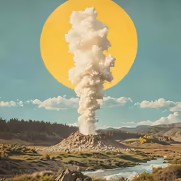 the smoke stack above a large mountain is emitting steam
