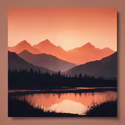 some mountains water and a sunset,a painting of sunset over a lake surrounded by mountains