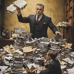 man in a suit and tie holding papers with another man in front of him
