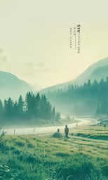 some people are walking on the grass near some hills