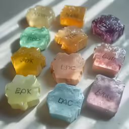 colorful candy on white table with names written