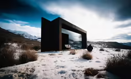 there is a person standing in the snow with a house in the background