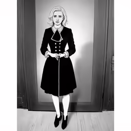 a woman in an overcoat and black dress is standing near an open door