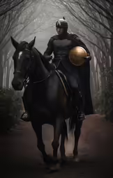 a knight is riding a horse on the trail in a forrest