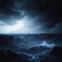a dark and stormy sky above rocky terrain