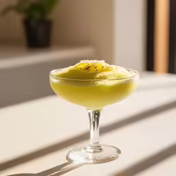 a yellow drink in a small wine glass