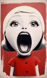 a woman in red dress with a white face with an open mouth and white headphones on