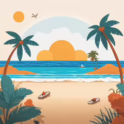 an artistic view of a beautiful beach with palm trees,an image of the sun is setting on the beach