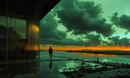 a man walks on a path with a dark green background and some clouds
