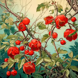 a painting of red roses and leaves with blue sky,a painting of a bush with apples on it