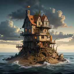 a digital painting of a house on the shore