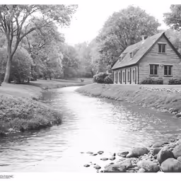 a black and white photo of a house sitting on a riverbank