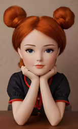 an orange - haired doll sits at a wooden desk with her hand resting on her cheek